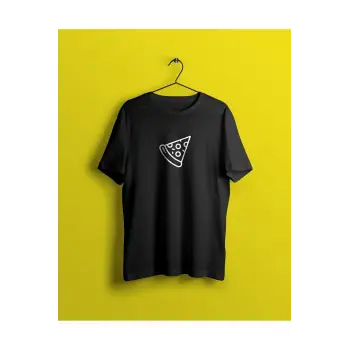 Unisex Siyah Pizza Baskılı T-shirt