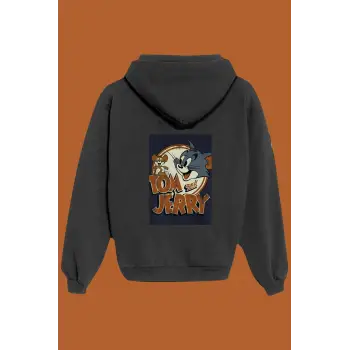 Unisex Siyah Tom And Jerry Sırt Baskılı Sweatshirt