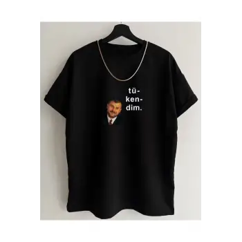 Unisex Siyah Tükendim Baskılı Bisiklet Yaka Tshirt