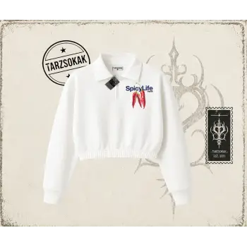 Unisex Spicylife Kadın Crop Polo Yaka Yarım Fermuarlı Sweatshirt Beyaz