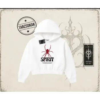 Unisex Spirit Kadın Crop Kapşonlu Sweatshirt Beyaz