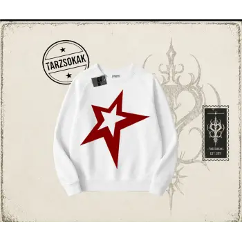Unisex Star Oversize Unisex Bisiklet Yaka Sweatshirt Beyaz