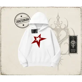 Unisex Star Oversize Unisex Kapşonlu Sweatshirt Beyaz