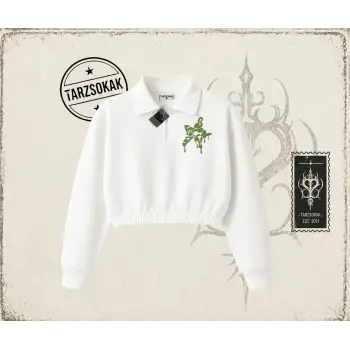 Unisex Star Sicken Kadın Crop Polo Yaka Yarım Fermuarlı Sweatshirt Beyaz