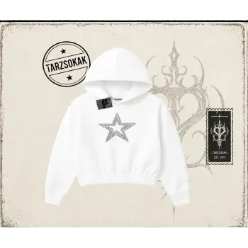 Unisex Star Stroke Kadın Crop Kapşonlu Sweatshirt Beyaz
