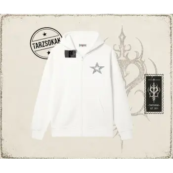 Unisex Star Stroke Oversize Unisex Hırka & Çeket Fermuarlı Sweatshirt Beyaz