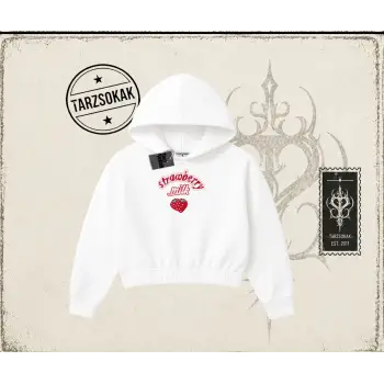 Unisex Strawberry Milk Kadın Crop Kapşonlu Sweatshirt Beyaz