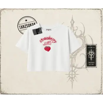 Unisex Strawberry Milk Kadın Crop Tişört Beyaz