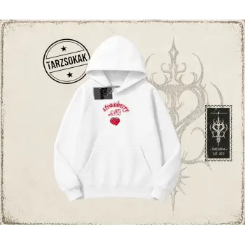 Unisex Strawberry Milk Oversize Unisex Kapşonlu Sweatshirt Beyaz