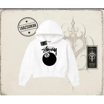 Unisex Stüssy 8Ball Kadın Crop Kapşonlu Sweatshirt Beyaz