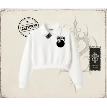 Unisex Stüssy 8Ball Kadın Crop Polo Yaka Yarım Fermuarlı Sweatshirt Beyaz