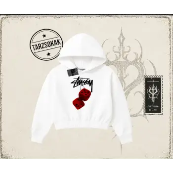 Unisex Stüssy Zar Kadın Crop Kapşonlu Sweatshirt Beyaz