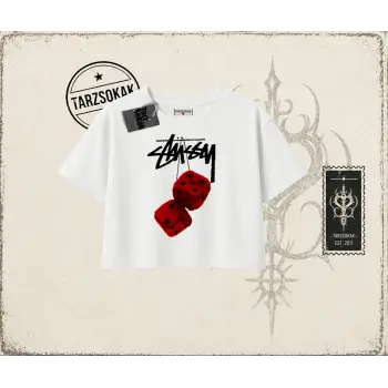 Unisex Stüssy Zar Kadın Crop Tişört Beyaz