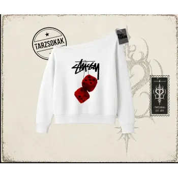 Unisex Stüssy Zar Kadın Kayık Yaka Sweatshirt Beyaz