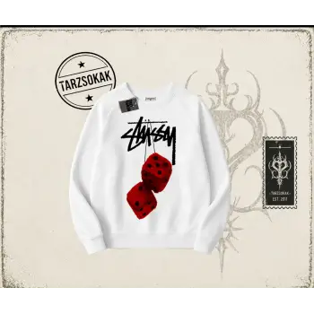 Unisex Stüssy Zar Oversize Unisex Bisiklet Yaka Sweatshirt Beyaz