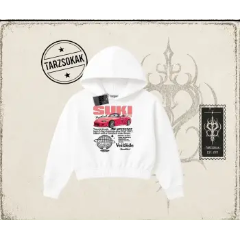 Unisex Suki Fast And Furious Kadın Crop Kapşonlu Sweatshirt Beyaz