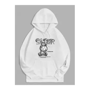 Unisex Super Baskılı Kapüşonlu Sweatshirt Beyaz