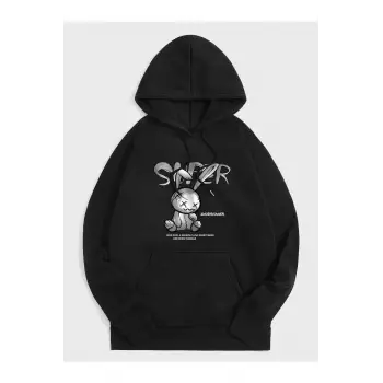 Unisex Super Baskılı Kapüşonlu Sweatshirt Siyah