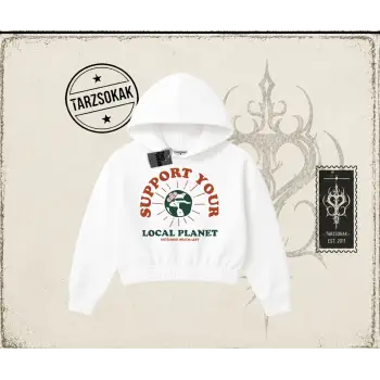 Unisex Support Your Kadın Crop Kapşonlu Sweatshirt Beyaz