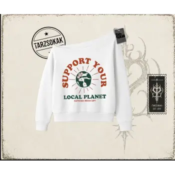 Unisex Support Your Kadın Kayık Yaka Sweatshirt Beyaz
