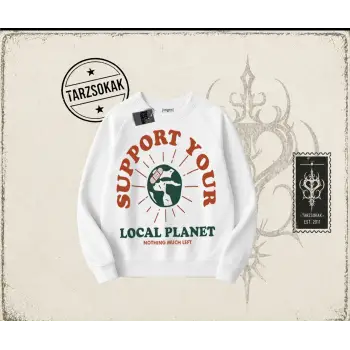 Unisex Support Your Oversize Unisex Bisiklet Yaka Sweatshirt Beyaz