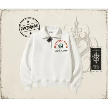 Unisex Support Your Unisex Polo Yaka Yarım Fermuarlı Sweatshirt Beyaz