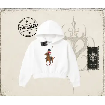 Unisex Teddy Horse Kadın Crop Kapşonlu Sweatshirt Beyaz
