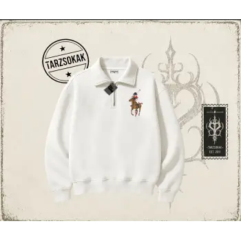 Unisex Teddy Horse Unisex Polo Yaka Yarım Fermuarlı Sweatshirt Beyaz
