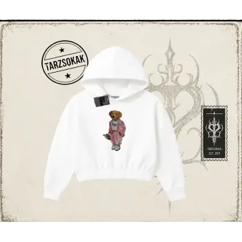 Unisex Teddy Kadın Crop Kapşonlu Sweatshirt Beyaz