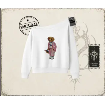 Unisex Teddy Kadın Kayık Yaka Sweatshirt Beyaz