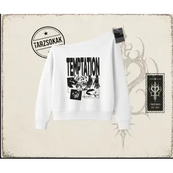 Unisex Temptation Tshirt Kadın Kayık Yaka Sweatshirt Beyaz