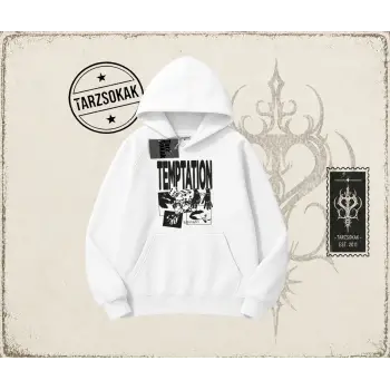 Unisex Temptation Tshirt Oversize Unisex Kapşonlu Sweatshirt Beyaz