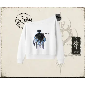 Unisex Time Flies Kadın Kayık Yaka Sweatshirt Beyaz