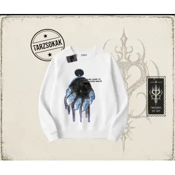 Unisex Time Flies Oversize Unisex Bisiklet Yaka Sweatshirt Beyaz