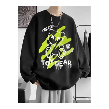 Unisex Toy Bear Baskılı Oversize Bisiklet Yaka Sweatshirt Siyah