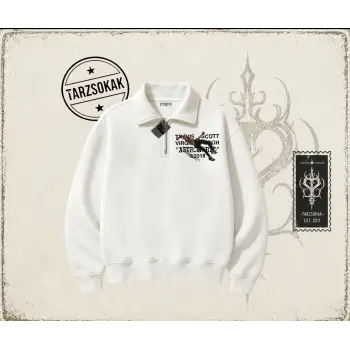 Unisex Travis Scott Astroworld 2018 Unisex Polo Yaka Yarım Fermuarlı Sweatshirt Beyaz