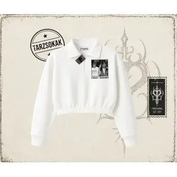 Unisex Trust Nobody Kadın Crop Polo Yaka Yarım Fermuarlı Sweatshirt Beyaz