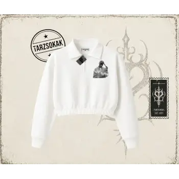 Unisex Tupac Shakur Kadın Crop Polo Yaka Yarım Fermuarlı Sweatshirt Beyaz
