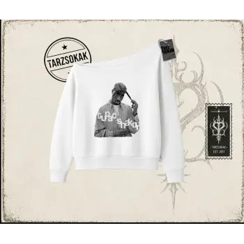Unisex Tupac Shakur Kadın Kayık Yaka Sweatshirt Beyaz