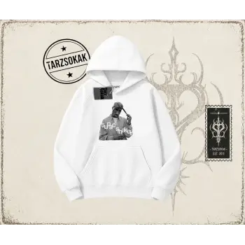 Unisex Tupac Shakur Oversize Unisex Kapşonlu Sweatshirt Beyaz