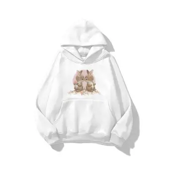 Unisex Two Rabbit with Flower Sweatshirt Beyaz