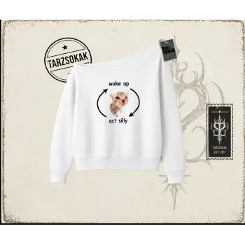 Unisex Wake up Act Silly Kadın Kayık Yaka Sweatshirt Beyaz