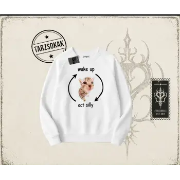 Unisex Wake up Act Silly Oversize Unisex Bisiklet Yaka Sweatshirt Beyaz
