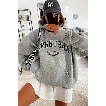 Unisex Wrstbhr Baskılı Oversize Kapüşonlu Sweatshirt Gri