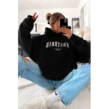 Unisex Wrstbhr Baskılı Oversize Kapüşonlu Sweatshirt Siyah