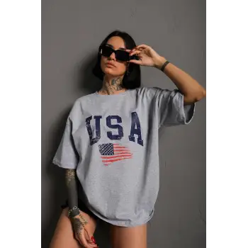 Usa Flag Baskılı Gri Oversize T-Shirt
