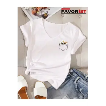 V Yaka Basic Çiçek Baskılı Pamuklu Tshirt (normal