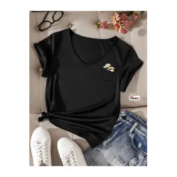 V Yaka Basic Çiçek Baskılı Pamuklu Tshirt (NORMAL
