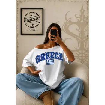 Vintage GREECE Baskılı Unisex Oversize