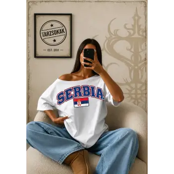Vintage SERBIA Baskılı Unisex Oversize
